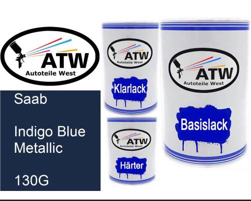 Saab, Indigo Blue Metallic, 130G: 500ml Lackdose + 500ml Klarlack + 250ml Härter - Set, von ATW Autoteile West.